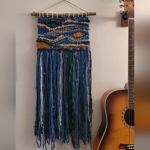 Handcrafted Boho Blue & Orange Woven Wall Hanging Macrame - 11.5" Wide 29" Tall